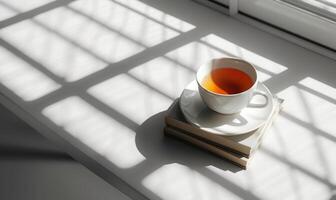 Stack of books with a cup of tea on a light gray table, soft shadows from window photo