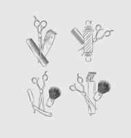 Barbershop symbol compositions collection with clipper, trimmer, blade, shaving brush, scissors, comb, straight razor, barber pole drawing on light background vector