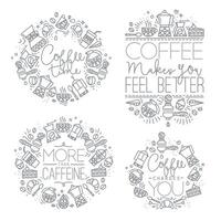 Coffee icon monograms in flat style, drawing with grey lines on white background lettering coffee time, coffee makes you feel better, more than caffeine, coffee charges you vector