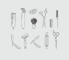 Barbershop collection with clipper, trimmer, blade, shaving brush, scissors, comb, straight razor, barber pole drawing on light background vector