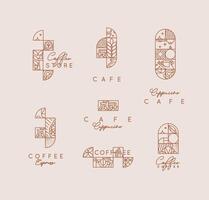 Set of creative modern art deco coffee labels in flat line style drawing on beige background. vector