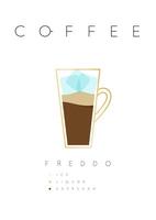 Poster coffee freddo with names of ingredients drawing in flat style on white background vector