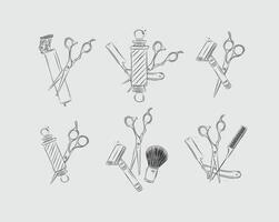 Barbershop shave collection with clipper, trimmer, blade, shaving brush, scissors, comb, straight razor, barber pole drawing on light background vector
