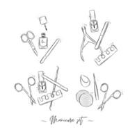 Manicure and pedicure professional tools compositions collection with wire cutters, nail file, scissors, nail polish, toe separator, cuticle pusher spoon drawing on white background vector
