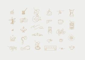Set of minimalism modern coffee elements for your design drawing in flat line style on turquoise background vector