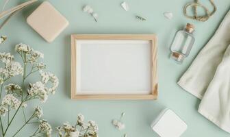 White blank card in a light wooden frame on a pastel mint green background, with a handmade soap and a small towel photo