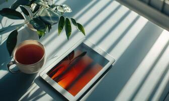 Tablet on a light blue table with a cup of tea on the right, shadow from window, top view photo