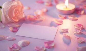 White blank card on a pastel lavender table, with a scattering of petals and a lit candle photo