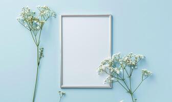 White blank card in a silver frame on a pastel blue background, with a small bouquet of white flowers photo