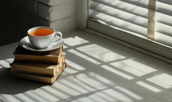 Stack of books with a cup of tea on a light gray table, soft shadows from window photo