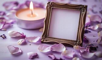 White blank card in a bronze frame on a pastel lavender table, with a scattering of petals and a lit candle photo