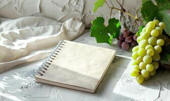 Closed notebook on a light gray table with a bunch of grapes on the right, soft window light photo