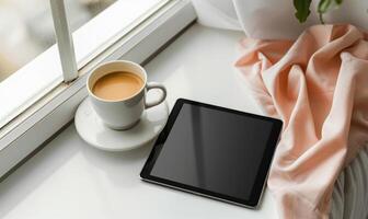 Tablet on a light gray table with a cup of tea on the left, sunlight from window photo