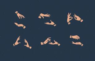 Hands pair with bracelets and rings in ethnical style in different positions to express emotions drawing on blue background vector