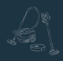 Vacuum cleaner types regular, cordless, robot drawing in graphic style on blue background vector