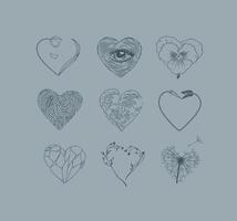Hearts shape with flower, eye, fingerprint, wave, arrow, stone drawing in graphic style on grey background vector