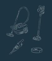 Vacuum cleaner set regular, cordless, robot, portable drawing in graphic style on blue background vector
