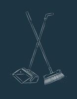 Flat broom and dustpan drawing in graphic style on blue background vector