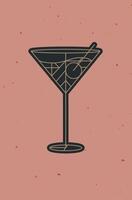 Art deco cocktail cosmopolitan drawing in line style on powder coral background vector