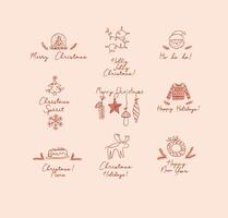 Christmas labels with lettering drawing in hand sketch style on peach background vector