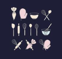 Linear bakery tools pastry bag, potholder, bowl, whisk, spoon, rolling pin, spatula drawing in pen line style on black background vector