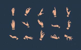 Hands with bracelets and rings in ethnical style in different positions to express feelings and emotions drawing on blue background vector