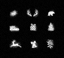 Set of decorative Christmas icon drawing with chalk in pen line style on chalkboard background. vector
