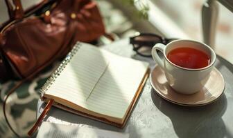 Closed notebook on a light gray table with a cup of tea on the right and a handbag on the left photo