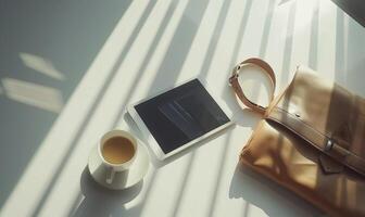 Tablet on a light gray table with a cup of tea on the left, sunlight from window photo
