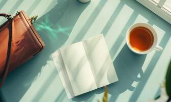 Closed notebook on a light gray table with a cup of tea on the right and a handbag on the left photo