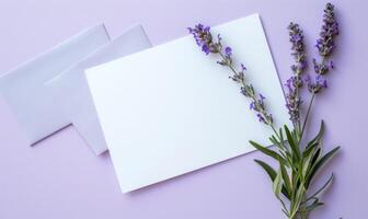 White blank card in a purple frame on a pastel periwinkle table, with a sprig of lavender and a small notebook photo