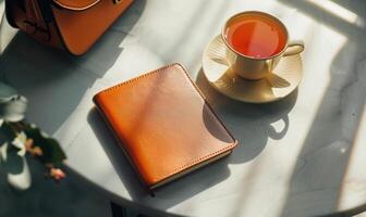 Closed notebook on a light gray table with a cup of tea on the right and a handbag on the left photo