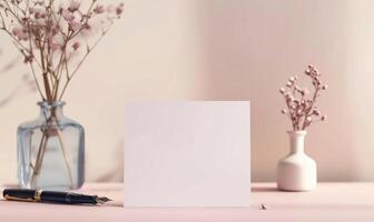 White blank card on a pastel pink table, with a vintage ink pen and an ink bottle photo