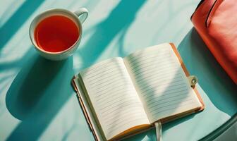 Notebook on a light blue table with a cup of tea, shadow from window photo