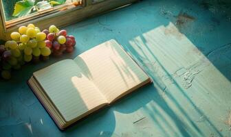 Notebook on a light blue table with a bunch of grapes on the left photo