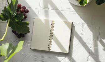 Closed notebook on a white table with a bunch of grapes photo