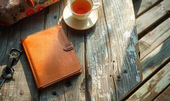 Notebook on a wooden table with a cup of tea and a handbag photo