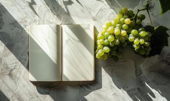Closed notebook on a light gray table with a bunch of grapes photo
