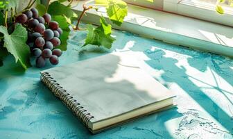 Closed notebook on a light blue table with a bunch of grapes on the left photo
