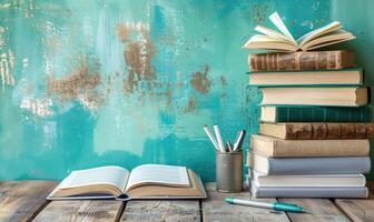 Stack of books on a wooden table with a pastel turquoise background, with an open notebook and pen photo