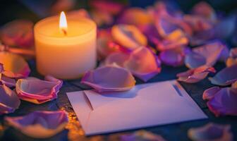 White blank card on a pastel lavender table, with a scattering of petals and a lit candle photo