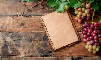 Notebook on a wooden table with a bunch of grapes photo