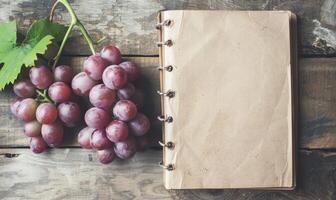Notebook on a wooden table with a bunch of grapes photo