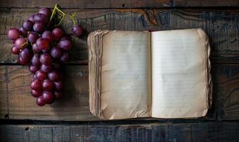 Notebook on a wooden table with a bunch of grapes photo