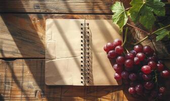 Notebook on a wooden table with a bunch of grapes photo