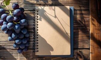 Notebook on a wooden table with a bunch of grapes photo