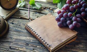 Notebook on a wooden table with a bunch of grapes photo