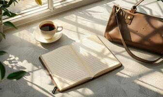 Closed notebook on a light gray table with a cup of tea and a handbag photo