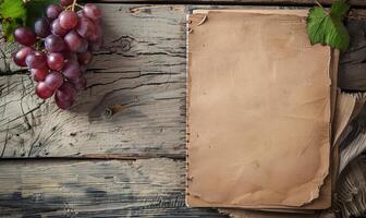 Notebook on a wooden table with a bunch of grapes photo
