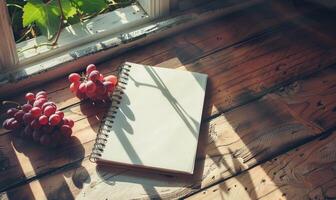 Notebook on a wooden table with a bunch of grapes photo